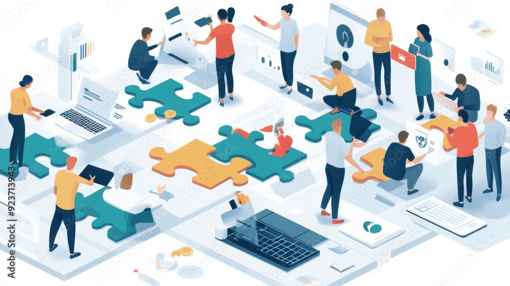 A diverse group of people collaborates on a large puzzle, symbolizing teamwork and problem-solving in a modern, digitally integrated work environment. A diverse group of people collaborates on a large puzzle, symbolizing teamwork and problem-solving in a modern, digitally integrated work environment.