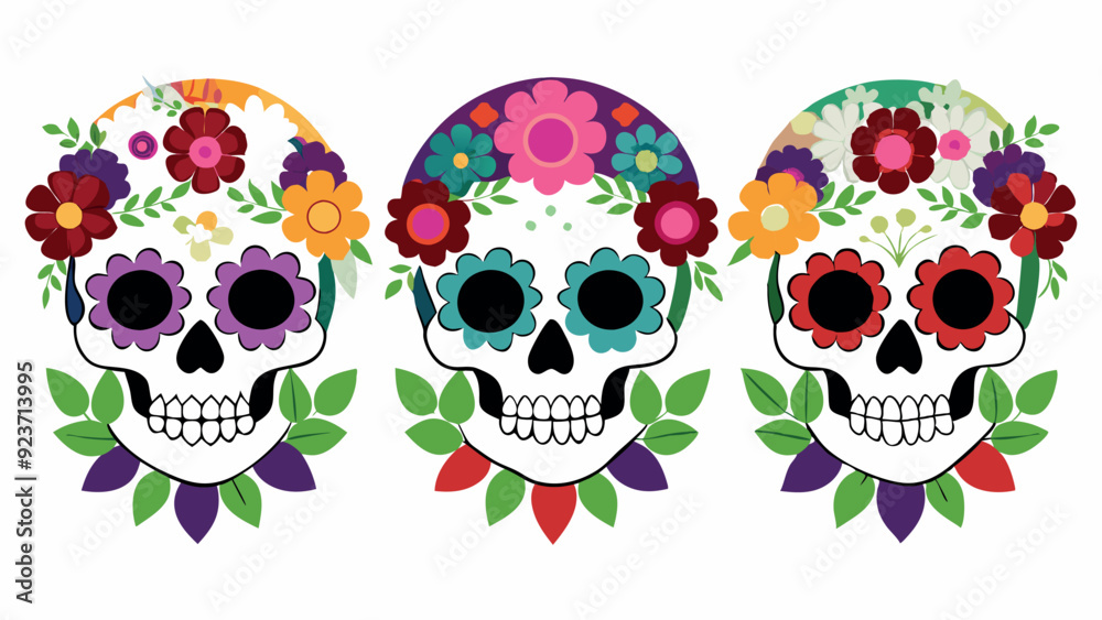 Set Day of the Dead skulls with vibrant floral crowns, vector illustration. Great for holiday cards, festive decor, and themed event invitations Set Day of the Dead skulls with vibrant floral crowns, vector illustration. Great for holiday cards, festive decor, and themed event invitations