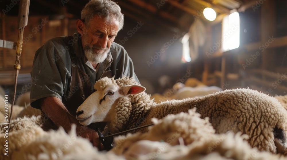 © kittikunfoto - A shepherd gently shears a sheep's wool in a dimly lit barn, surrounded by a flock of fluffy sheep.