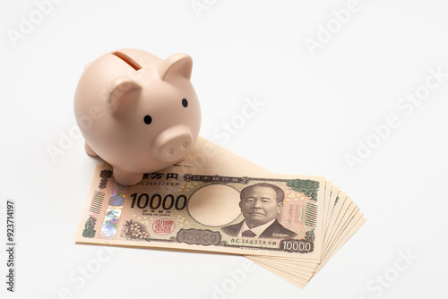 Obraz na płótnie 日本円の新紙幣の一万円札と豚の貯金箱
