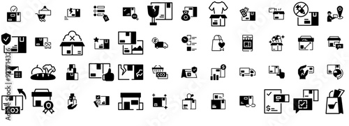 Set Of Linear Webstore Gylph Icons Web Header Banner Design Containing Business,Ecommerce,Online,Shop,Package Stroke Icon Collection. Vector Illustration