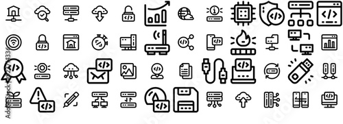 Set Of Linear Website Hosting Vector Symbols Apps, Websites Ui Designs Suitable For Server,Storage,Coding,Database,Connection Vector Illustration Linear Pictogram Pack