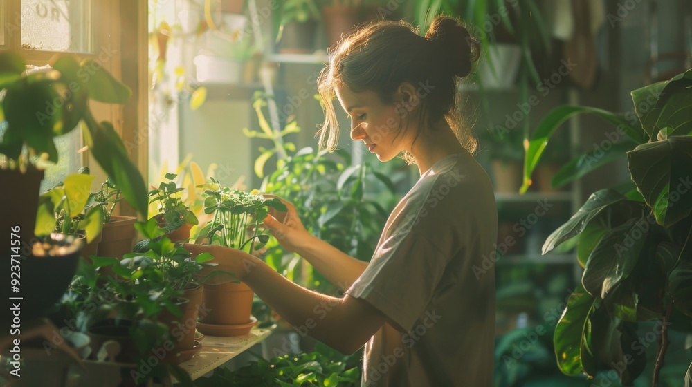 Obraz premium Young woman tending to indoor plants, emphasizing sustainability and a nurturing connection with nature, in a sunlit room filled with greenery.