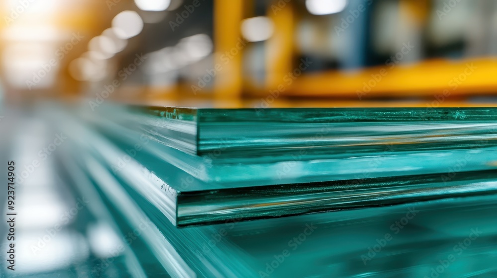 Several neatly stacked glass sheets are shown in a factory setting with a focus on their smooth, refined surfaces and the industrial environment they are situated in. Several neatly stacked glass sheets are shown in a factory setting with a focus on their smooth, refined surfaces and the industrial environment they are situated in.