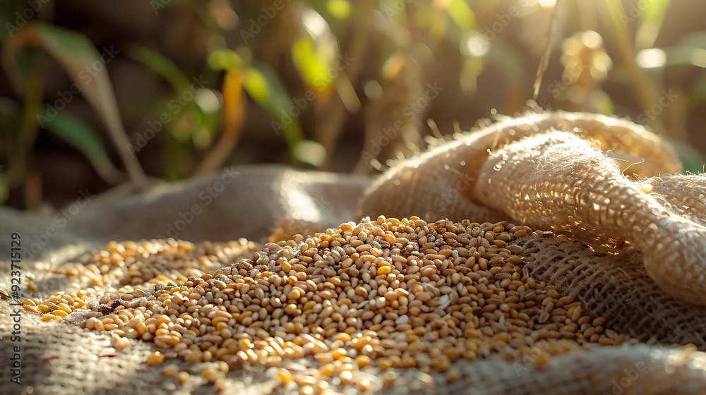 An artistic shot of organic grains such as millet, amaranth, and buckwheat scattered on a rustic cloth, with sunlight streaming through a nearby window, creating soft shadows and a warm atmosphere. An artistic shot of organic grains such as millet, amaranth, and buckwheat scattered on a rustic cloth, with sunlight streaming through a nearby window, creating soft shadows and a warm atmosphere.