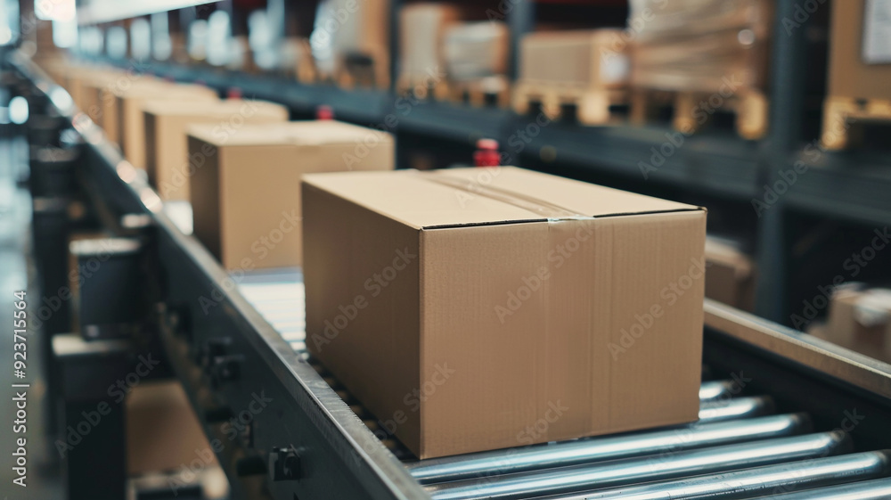 cardboard boxes on a conveyor belt in a warehouse cardboard boxes on a conveyor belt in a warehouse