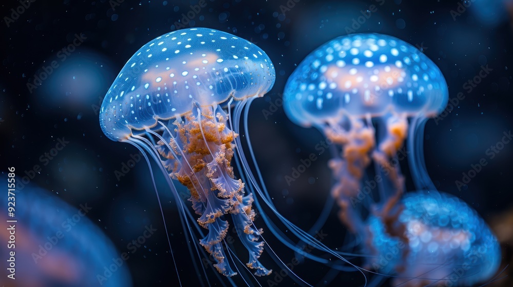 Jellyfish swimming in the ocean. Sea jelly on dark blue background closeup Jellyfish swimming in the ocean. Sea jelly on dark blue background closeup