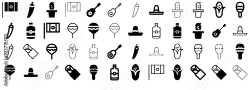 Set Of Linear This Is Mexico Isolated Silhouette Solid Icons With Nation,Hispanics,Mexican,Mexico,Liquor-Bottle Simple Black Style Symbol Sign For Apps And Website, Vector Illustration