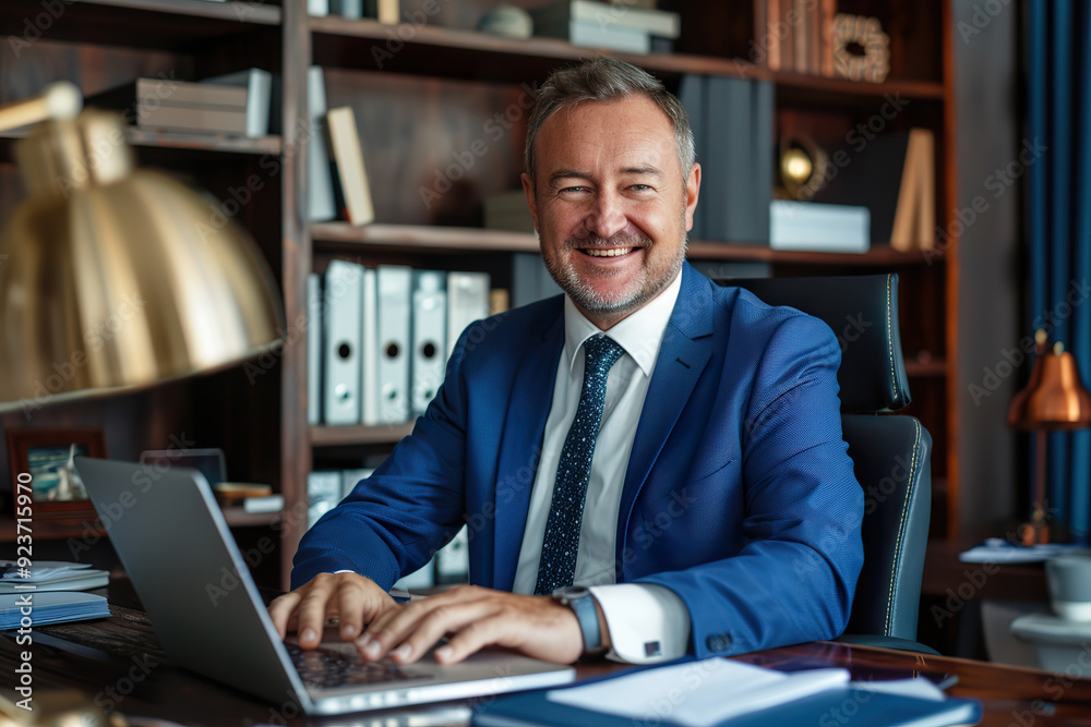 A man in a suit is sitting at a desk with a laptop in front of him, generative ai. A man in a suit is sitting at a desk with a laptop in front of him, generative ai.