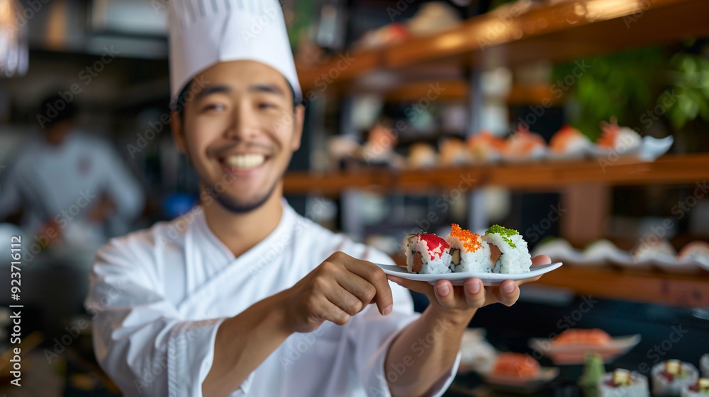 Japanese male chef smiling and holding sushi in his hand Japanese male chef smiling and holding sushi in his hand
