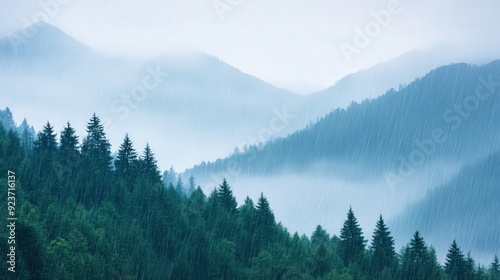 Foggy mountain scene with rain streaks, serene atmosphere, soft mist enveloping peaks, tranquil landscape, nature's calming embrace, perfect for reflection and peace. photo