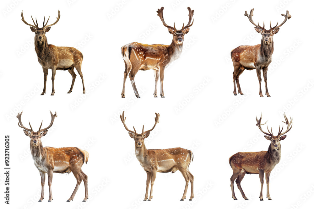 Six Deers with Antlers Standing on a White Background Six Deers with Antlers Standing on a White Background