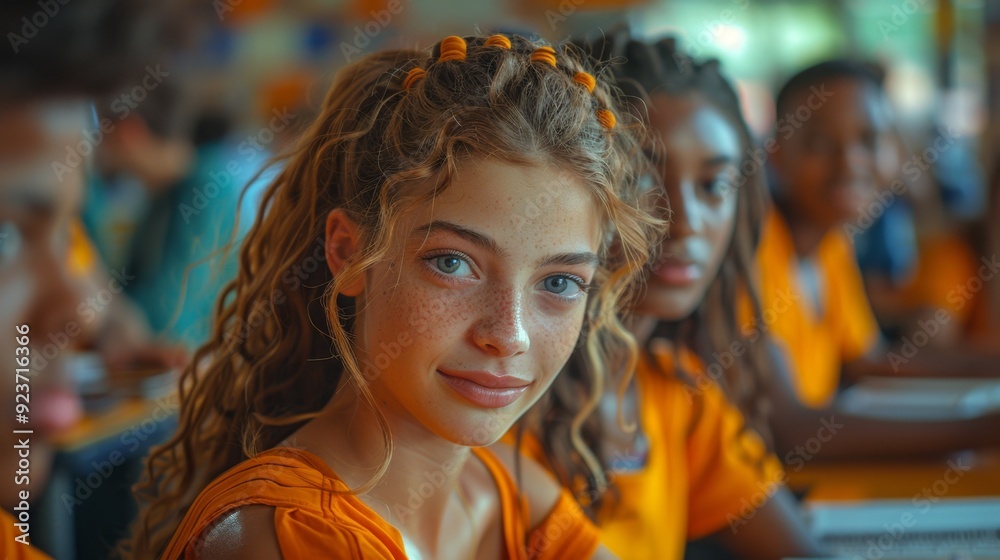 Group of diverse high school students collaborating on a project in a classroom, focusing on a girl with curly hair and freckles. Group of diverse high school students collaborating on a project in a classroom, focusing on a girl with curly hair and freckles.