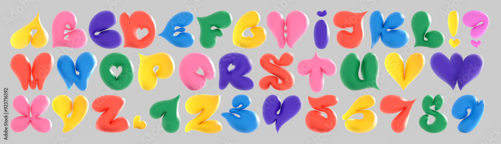 Obraz premium A vibrant 3D bubble font with heart-shaped letters, blending playful graffiti and cartoon styles. Ideal for kids' designs and Valentine’s Day themes, adding a colorful touch of love to any project.