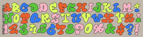 A playful 60's style cartoon alphabet featuring bubbly, hand-drawn comic letters. Groovy acid font. Ideal for children's designs, creative projects, this whimsical font adds a fun and lively touch.