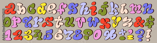 A playful 60's style cartoon alphabet featuring bubbly, hand-drawn comic letters. Groovy acid font. Ideal for children's designs, creative projects, this whimsical font adds a fun and lively touch.