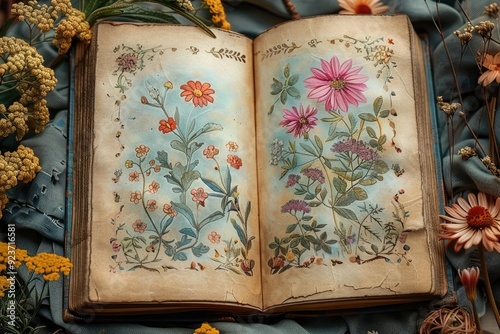 Antique botanical book with colorful flower illustrations photo