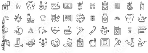 Set Of Linear Smoking Vector Symbols Apps, Websites Ui Designs Suitable For Smoking,Cigarette,Tobacco,Smoke,Pipe Solid Icon Collection. Vector Illustration