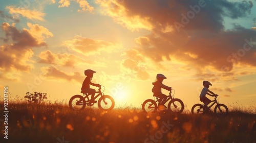 Silhouetted children riding bicycles at sunset on a grassy hill, with the sun casting a golden glow and scattered clouds in the sky, creating a scene of joy and freedom.