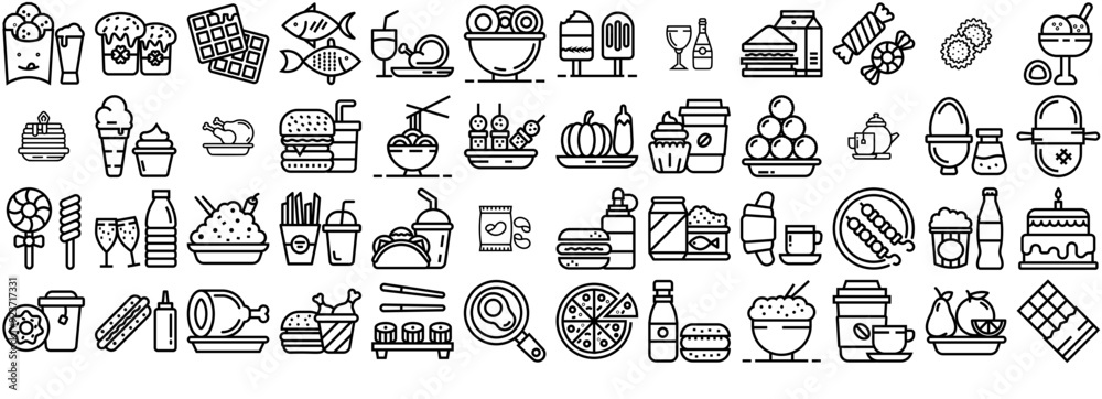 Set Of Linear Set Of Food Line Vector Icons Icons Collection Isolated Silhouette Solid Icons Including Fast-Food,Dessert,Food,Junk-Food,Snacks Solid Icon Collection. Vector Illustration Set Of Linear Set Of Food Line Vector Icons Icons Collection Isolated Silhouette Solid Icons Including Fast-Food,Dessert,Food,Junk-Food,Snacks Solid Icon Collection. Vector Illustration