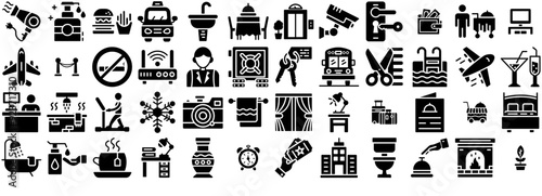 Set Of Linear Set Of Hotel Glyph Vector Icons Icons Silhouette Vector Logo Design Containing Public-Transport,Food-Trolley,Conveyance,Food-Service,Vehicle Vector Illustration Linear Pictogram Pack