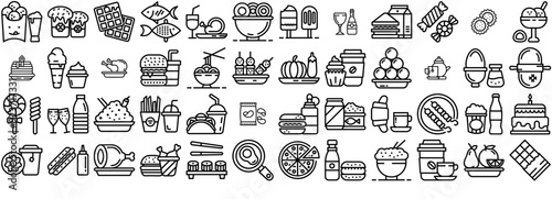 Set Of Linear Set Of Food Line Vector Icons Icons Collection Isolated Silhouette Solid Icons Including Fast-Food,Dessert,Food,Junk-Food,Snacks Solid Icon Collection. Vector Illustration
