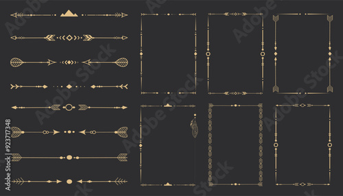 Gold frame set with tribal native indian arrow, ornament. Border thin line divider decoration with feather, simple motif.