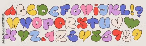 A playful colorful vibrant heart-shaped uppercase alphabet. Balloon fonts. Perfect for children's designs, Valentine's Day projects, and any creative typography needing a whimsical, love-themed touch