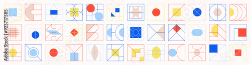 Vector set of square geometric icons with Memphis and Bauhaus influences. Features Swiss-inspired patterns and a variety of geometrical shapes and figures, perfect for stylish, modern designs.