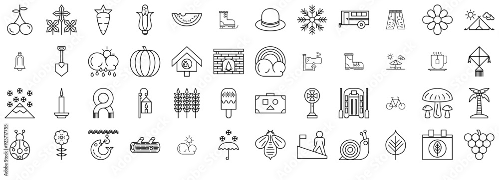 A Collection Of Seasons Line Icons Web Header Banner Design Containing Autumn,Holiday,Cold,Spring,Food Set Vector Flat Line Icons A Collection Of Seasons Line Icons Web Header Banner Design Containing Autumn,Holiday,Cold,Spring,Food Set Vector Flat Line Icons