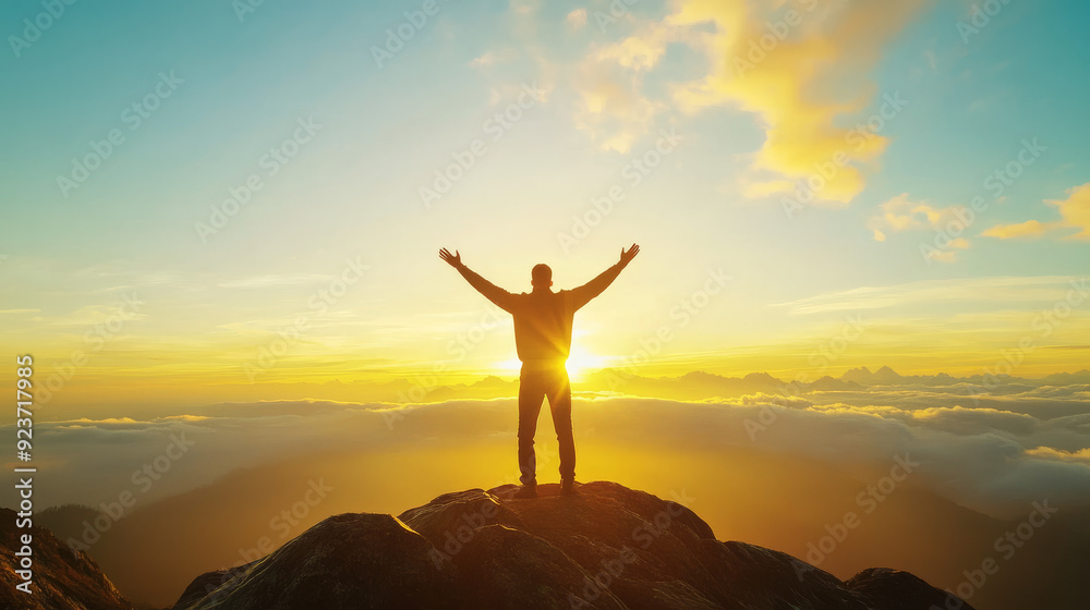 Silhouette of a triumphant man celebrating on a mountain summit, with arms lifted in victory. The figure stands on a hill, representing concepts of business success, leadership, achievement. Silhouette of a triumphant man celebrating on a mountain summit, with arms lifted in victory. The figure stands on a hill, representing concepts of business success, leadership, achievement.