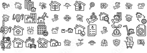 Set Of Linear Property Management Outline Isolated Silhouette Solid Icons With Investment,Real-Estate,Home,House,Property Solid Icon Collection. Vector Illustration