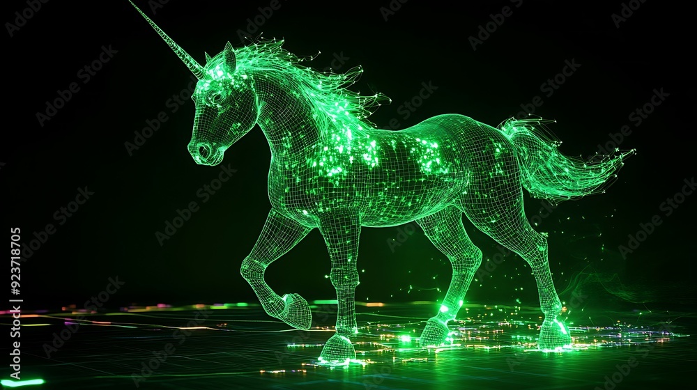 A glowing green unicorn made of lines of light is running through a sparkling, abstract environment. A glowing green unicorn made of lines of light is running through a sparkling, abstract environment.