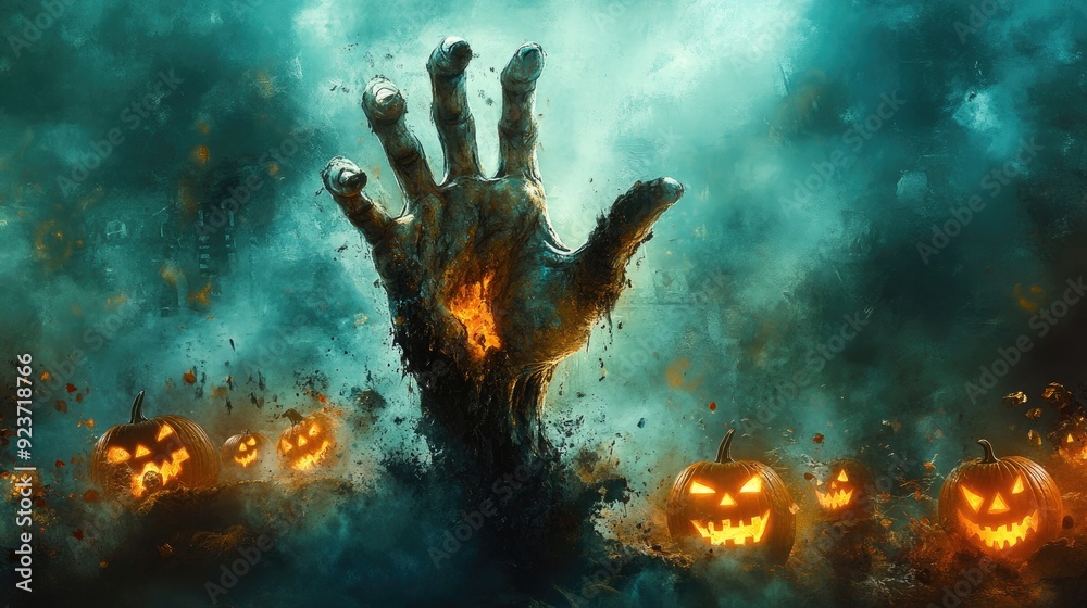 A terrifying zombie hand clawing its way out of the earth, surrounded by mist and dim, flickering jack-o'-lanterns, perfect for Halloween. A terrifying zombie hand clawing its way out of the earth, surrounded by mist and dim, flickering jack-o'-lanterns, perfect for Halloween.