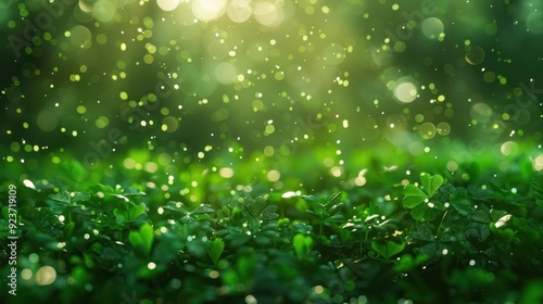 Green Clover Confetti for St. Patrick's Day Celebration with Bokeh Background