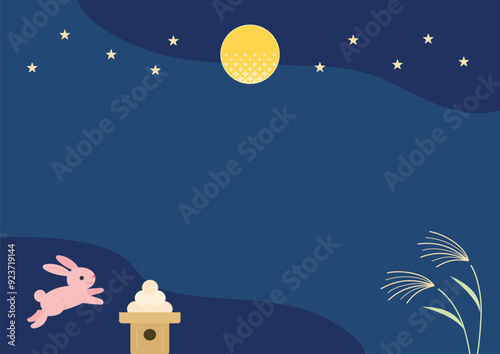 お月見の背景　ウサギ　月見団子　夜空