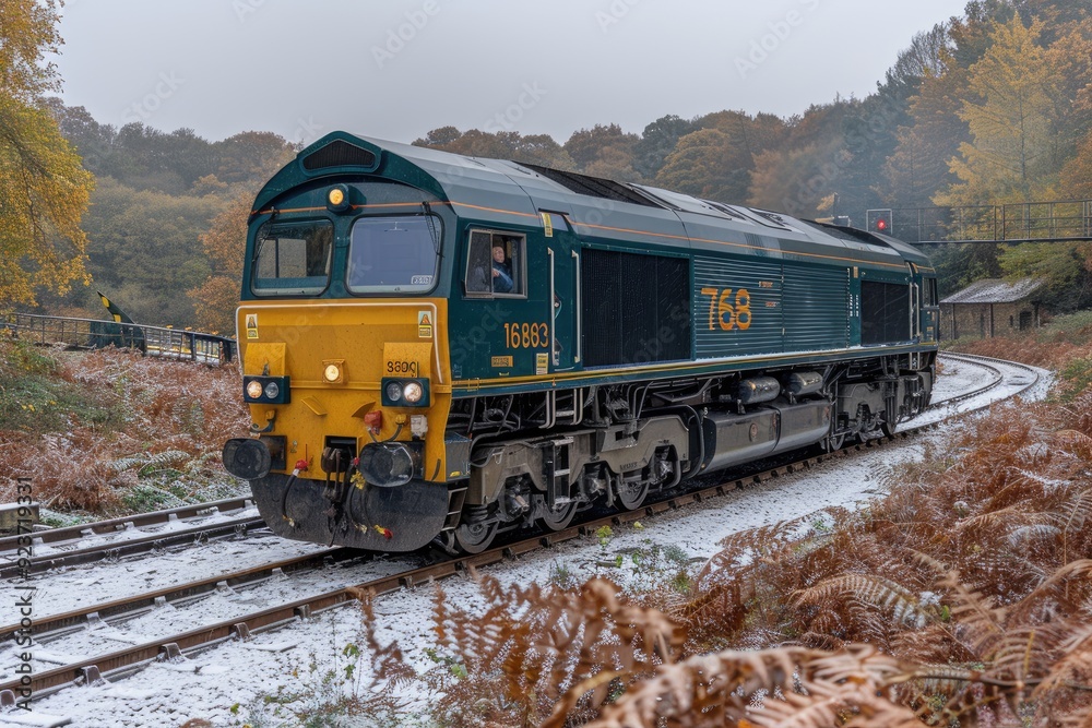 Green Diesel Locomotive on Snowy Railway Track Green Diesel Locomotive on Snowy Railway Track