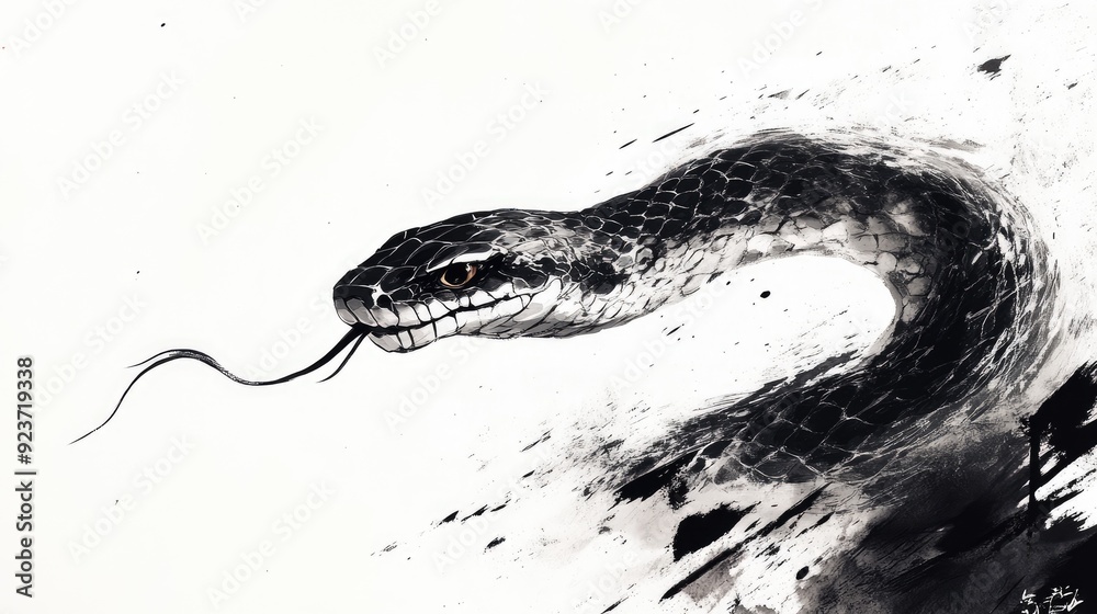Artistic depiction of a snake in Chinese brush painting style, with bold black strokes on a clean white background, representing grace and power. Artistic depiction of a snake in Chinese brush painting style, with bold black strokes on a clean white background, representing grace and power.