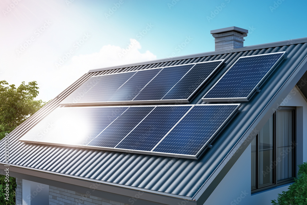 A side view of a solar panel installation on a tin roof, with a technician adjusting the angle. A side view of a solar panel installation on a tin roof, with a technician adjusting the angle.