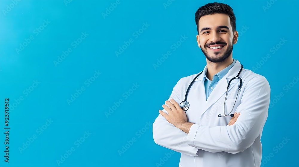 Handsome, smiling doctor with arms crossed against a blue background Handsome, smiling doctor with arms crossed against a blue background