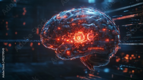 A digitally rendered, illuminated brain showcases neural networks and futuristic technology, illustrating advanced AI or neural connectivity concepts in a science fiction style.