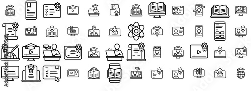 Set Of Online Educate Isolated Silhouette Solid Icons With Education,Internet,Learning,Knowledge,Online Set Vector Flat Line Icons