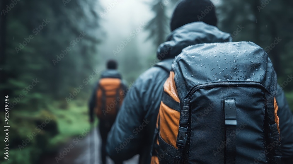 Individuals with orange and grey backpacks walk through a misty forest, showing determination and teamwork as they navigate the wet and challenging wilderness terrain. Individuals with orange and grey backpacks walk through a misty forest, showing determination and teamwork as they navigate the wet and challenging wilderness terrain.