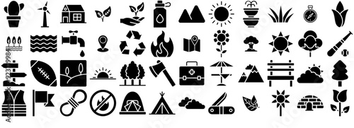Set Of Nature Outdoor Glyph Icons Web Header Banner Design Containing Tree,Plants,Garden,Flower,Outdoor Stroke Icon Collection. Vector Illustration
