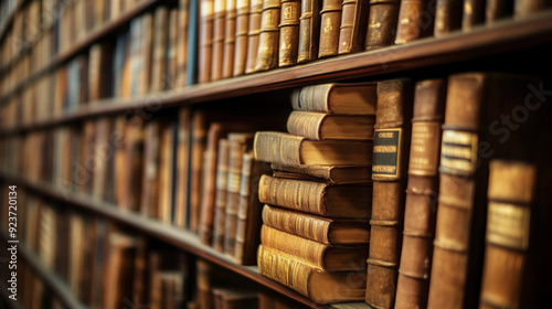 Vintage and antique law books stacked on library shelves