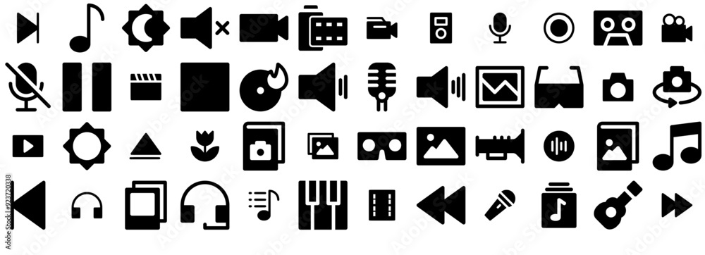 Set Of Linear Multimedia Ver 3 Glyph Isolated Silhouette Solid Icons With Camera,Video,Music,Audio,Sound Vector Icon Set Linear Pictogram Pack Set Of Linear Multimedia Ver 3 Glyph Isolated Silhouette Solid Icons With Camera,Video,Music,Audio,Sound Vector Icon Set Linear Pictogram Pack