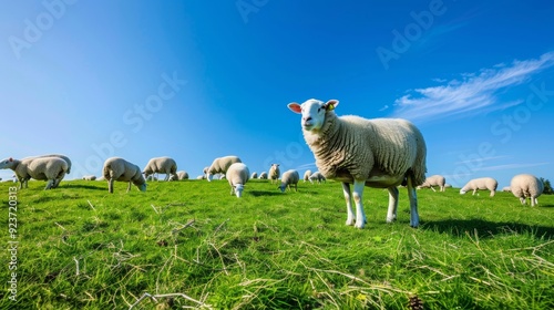 A flock of sheep grazes on a lush green hillside under a bright blue sky, creating a picturesque and serene pastoral scene. photo