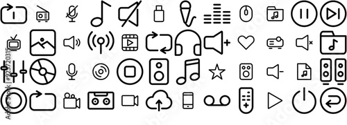 Set Of Linear Multimedia Icons Silhouette Vector Logo Design Containing Speaker,Sound,Audio,Music,Volume Vector Icons Illustration Collection