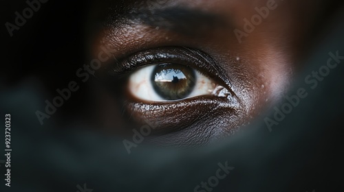 A close-up shot of a human eye with an intricate, detailed reflection in the pupil, capturing the depth and emotion present within the eye and its surroundings. photo