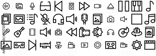 Set Of Linear Multimedia Ver 3 Outline Icons Collection Isolated Silhouette Solid Icons Including Audio,Camera,Music,Photo,Video Stroke Icon Collection. Vector Illustration